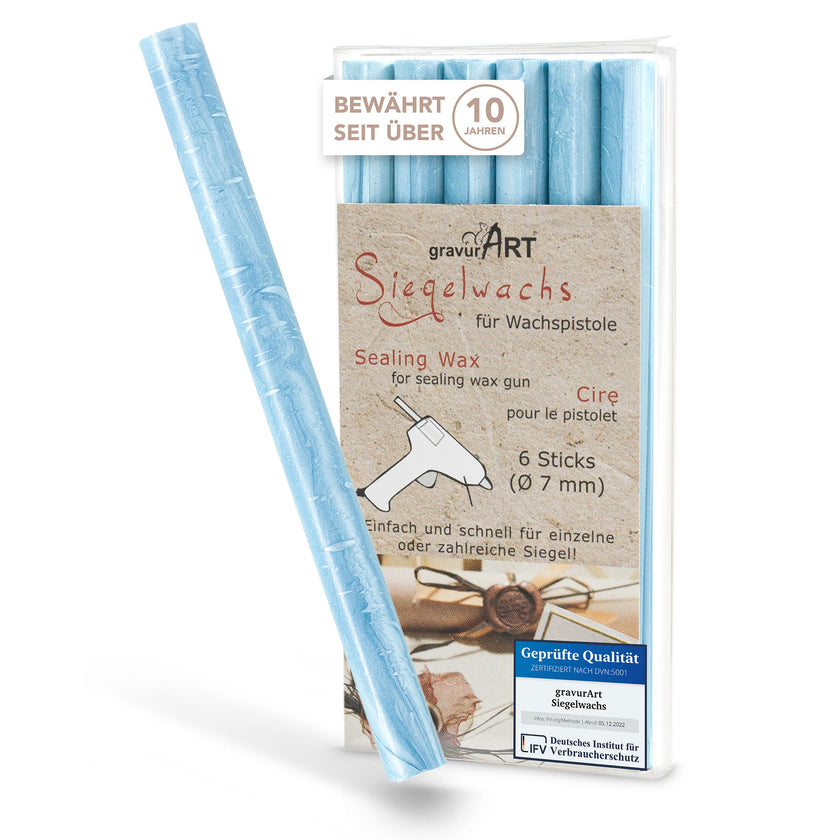 Siegelwachs für Wachspistole in Aqua-Perl., 7mm Durchmesser, 6er Pack - Siegelstempel personalisiert