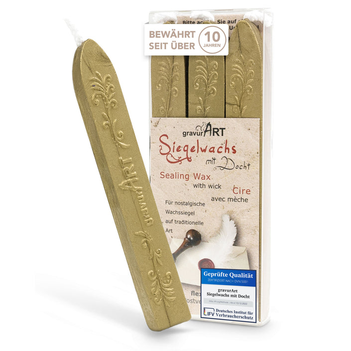 Premium Siegelwachs mit Docht, 3er Pack in Brass - Siegelstempel personalisiert
