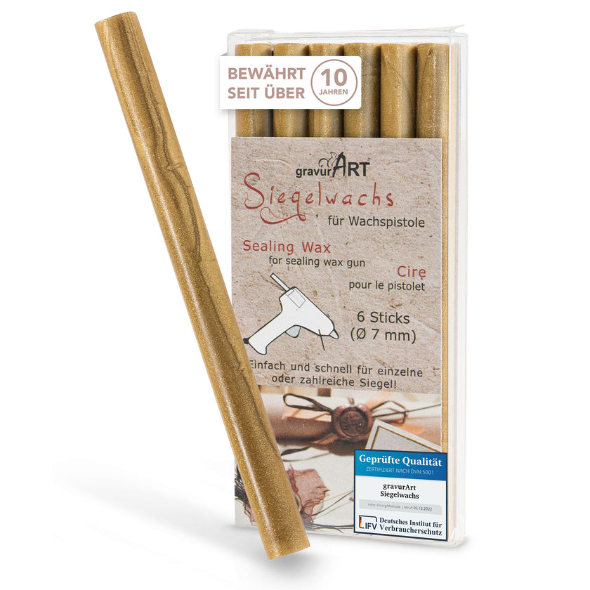 Siegelwachs für Wachspistole in Gold, 7mm Durchmesser, 6er Pack - Siegelstempel personalisiert