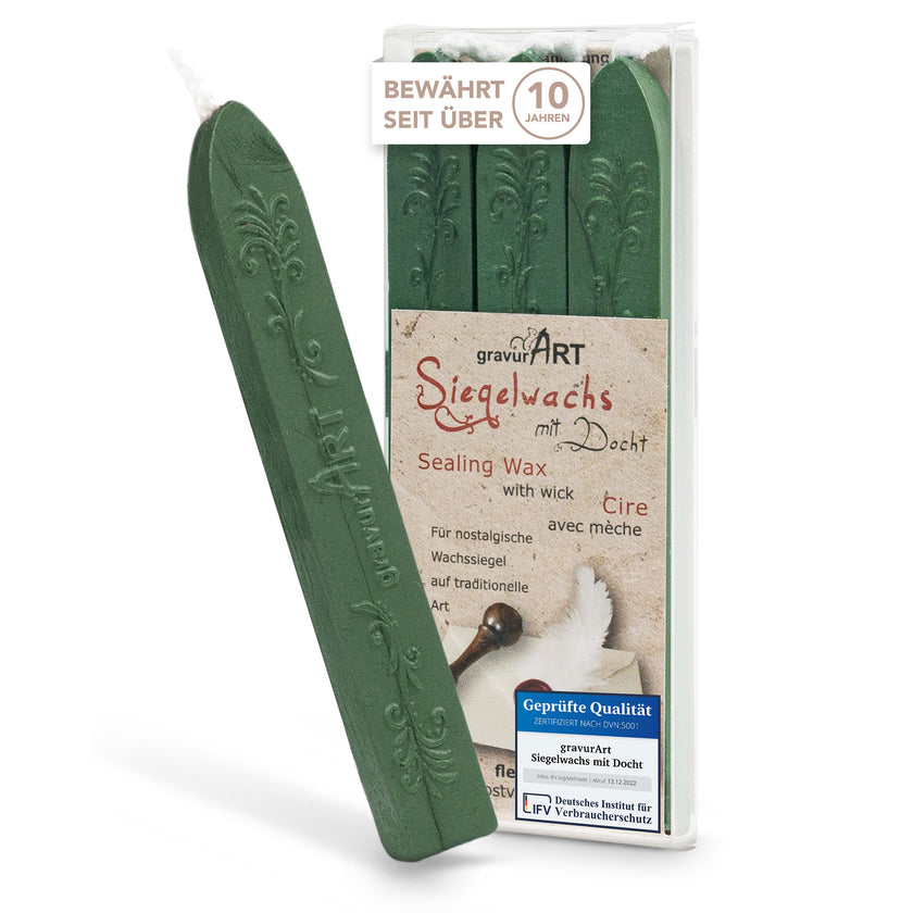 Premium Siegelwachs mit Docht, 3er Pack in Grün-perl. - Siegelstempel personalisiert