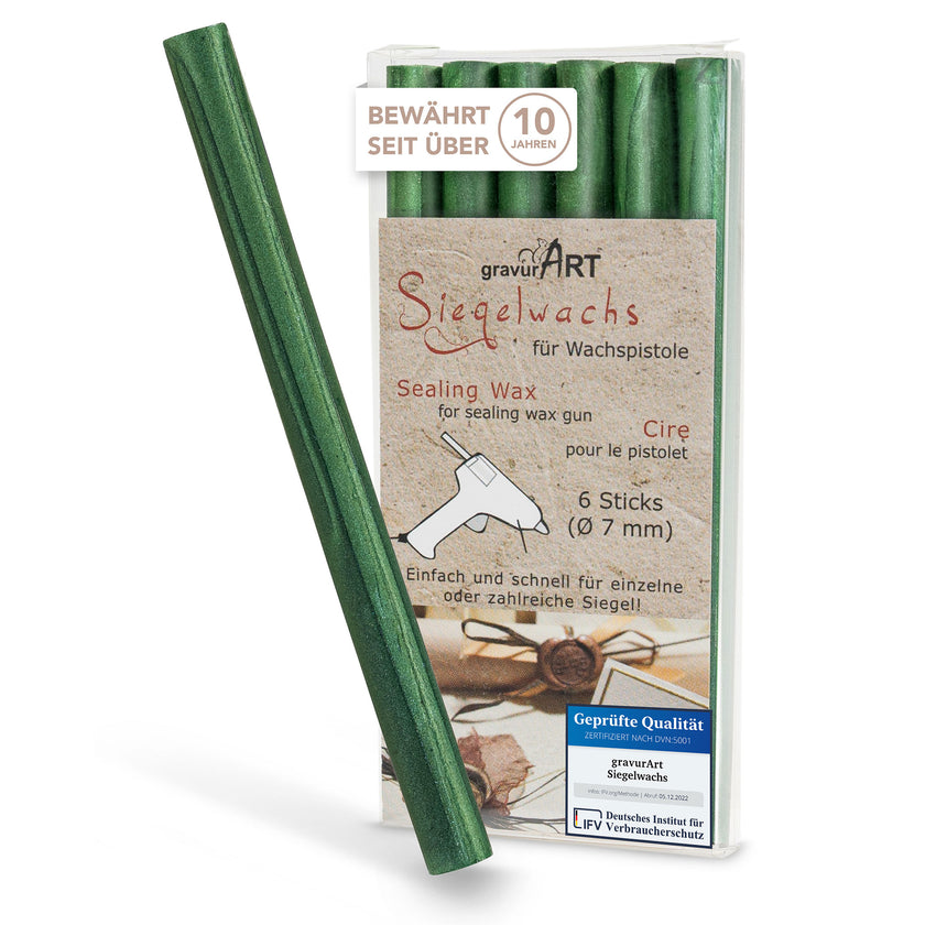 Siegelwachs für Wachspistole in Grün-Perl., 7mm Durchmesser, 6er Pack - Siegelstempel personalisiert