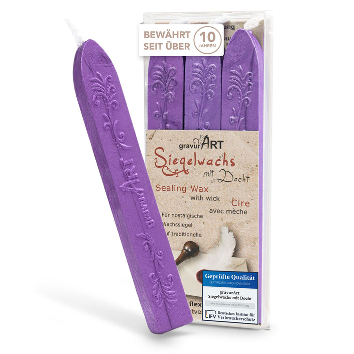 Premium Siegelwachs mit Docht, 3er Pack in Lila-perl. - Siegelstempel personalisiert