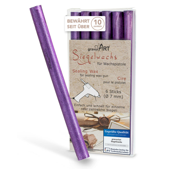 Siegelwachs für Wachspistole in Lila-Perl., 7mm Durchmesser, 6er Pack - Siegelstempel personalisiert