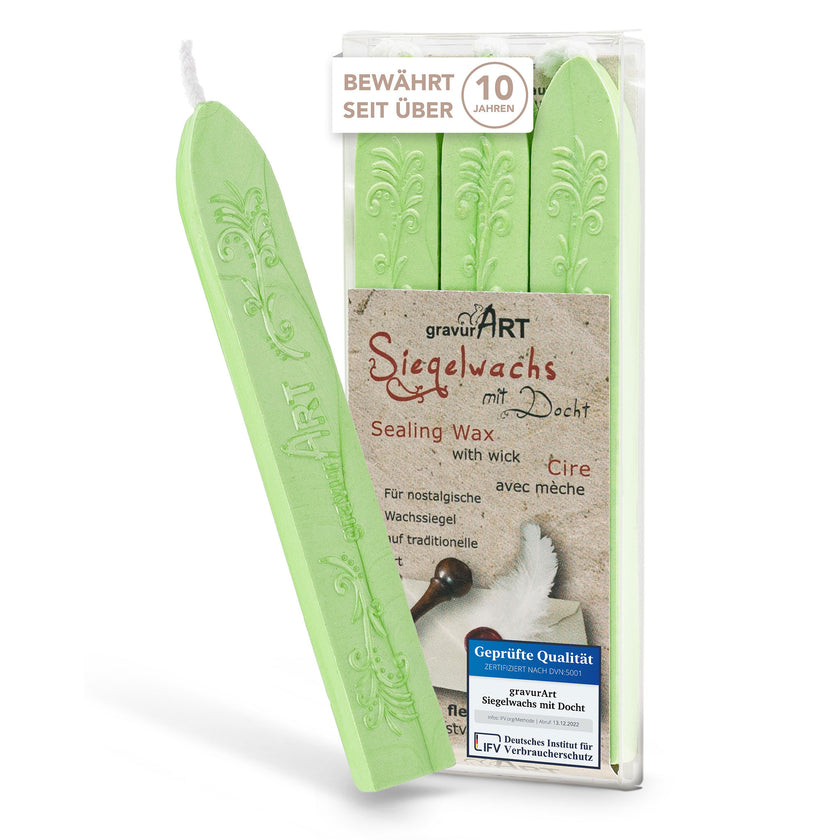 Premium Siegelwachs mit Docht, 3er Pack in Lindrün-perl. - Siegelstempel personalisiert