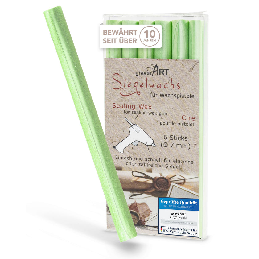 Siegelwachs für Wachspistole in Lindgrün., 7mm Durchmesser, 6er Pack - Siegelstempel personalisiert