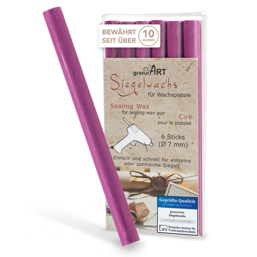 Siegelwachs für Wachspistole in Magenta, 7mm Durchmesser, 6er Pack - Siegelstempel personalisiert