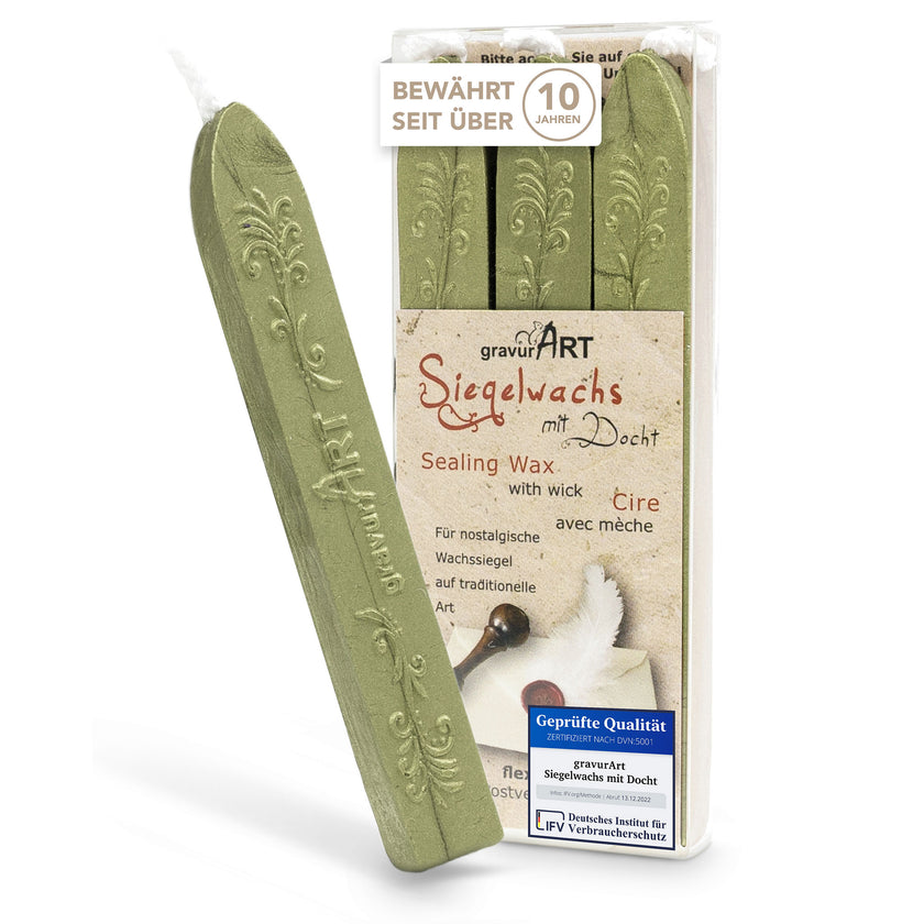 Premium Siegelwachs mit Docht, 3er Pack in Oliv-perl. - Siegelstempel personalisiert