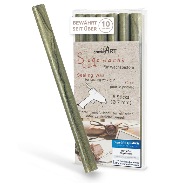 Siegelwachs für Wachspistole in Olive-Perl., 7mm Durchmesser, 6er Pack - Siegelstempel personalisiert