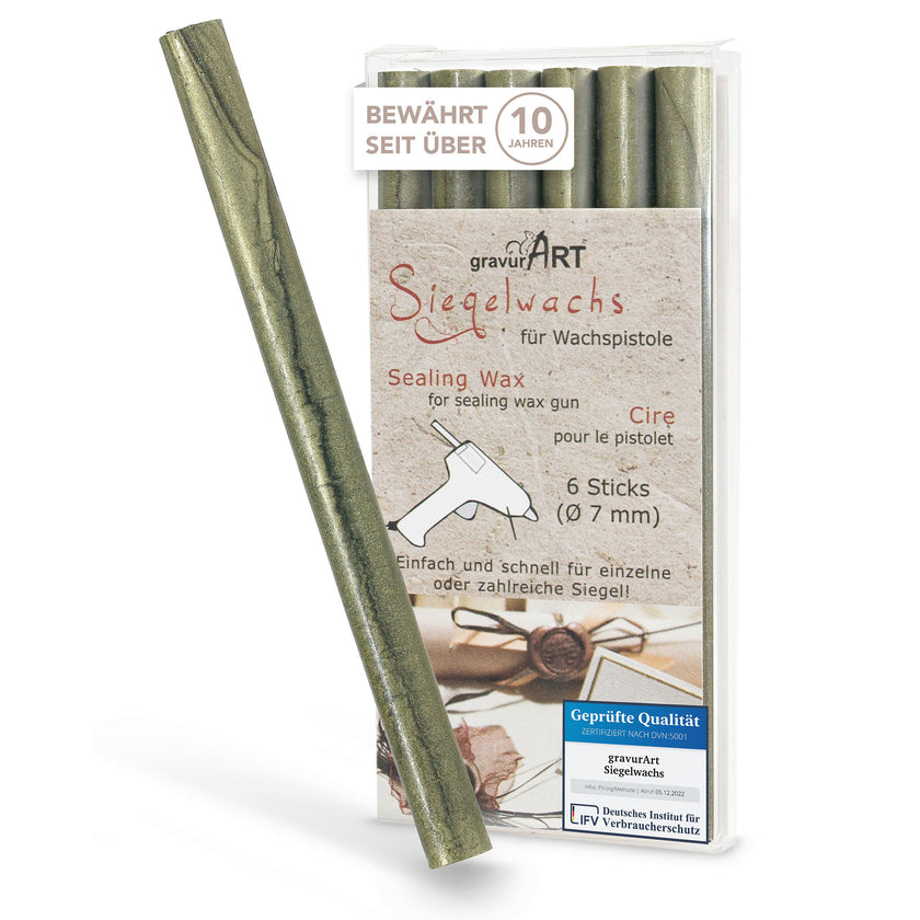 Siegelwachs für Wachspistole in Olive-Perl., 7mm Durchmesser, 6er Pack - Siegelstempel personalisiert