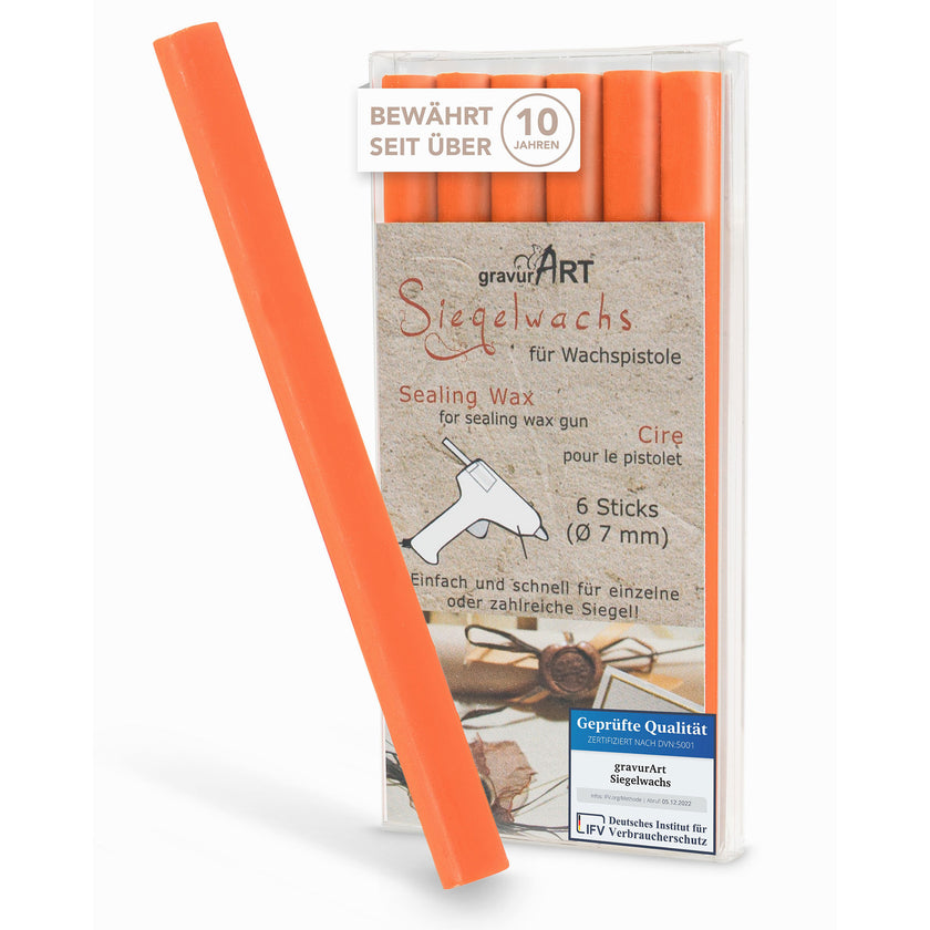 Siegelwachs für Wachspistole in Orange, 7mm Durchmesser, 6er Pack - Siegelstempel personalisiert