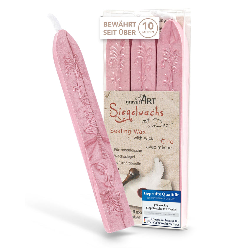 Premium Siegelwachs mit Docht, 3er Pack in Rosé-Perl. - Siegelstempel personalisiert