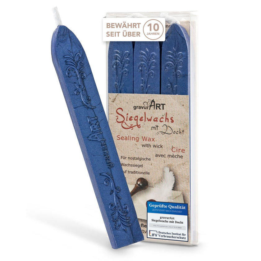 Premium Siegelwachs mit Docht, 3er Pack in Saphir - Siegelstempel personalisiert