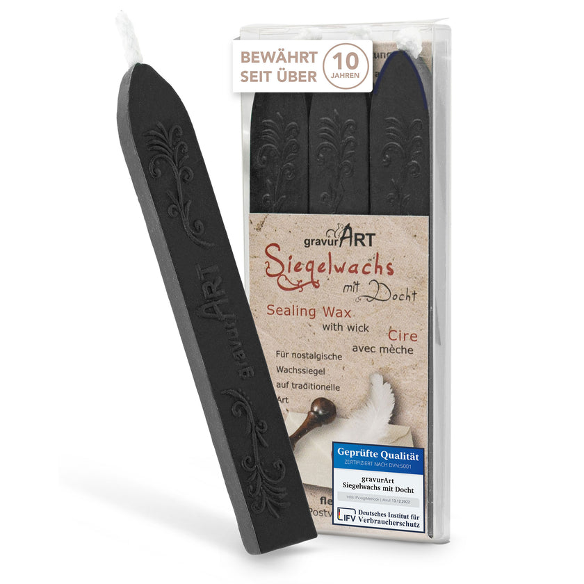 Premium Siegelwachs mit Docht, 3er Pack in Schwarz - Siegelstempel personalisiert