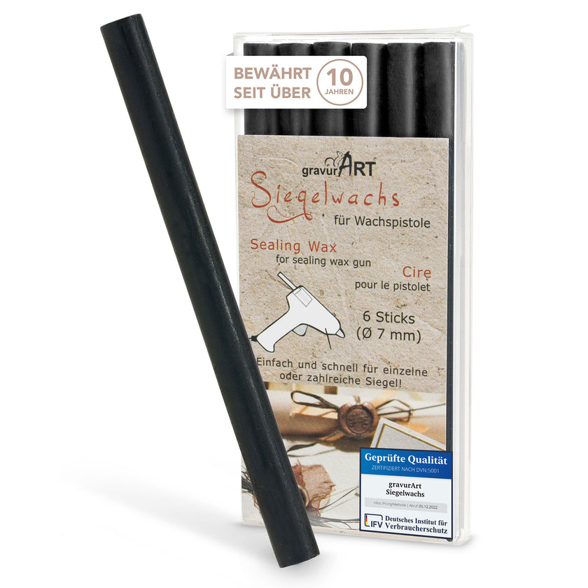 Siegelwachs für Wachspistole in Schwarz, 7mm Durchmesser, 6er Pack - Siegelstempel personalisiert
