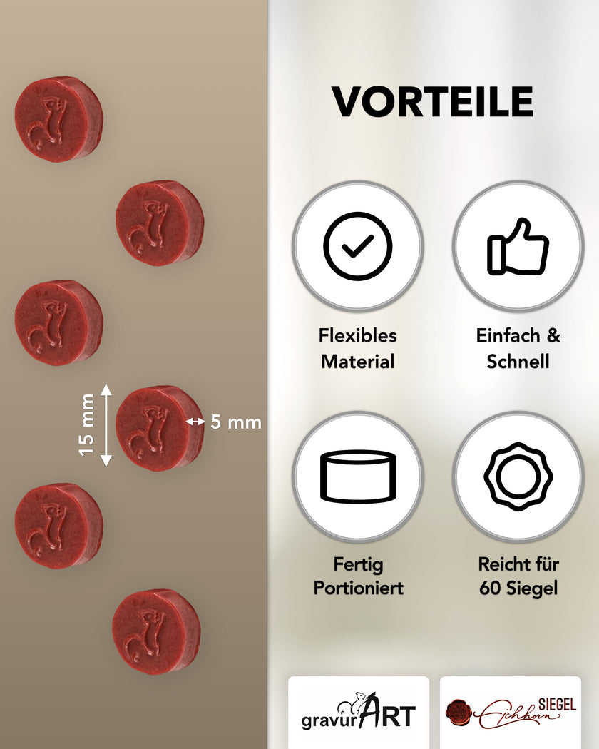 gravurART Siegelwachs Tabs - flexibel - zum Schmelzen im Schmelzlöffel - Farbe Bordeaux - Siegelstempel personalisiert
