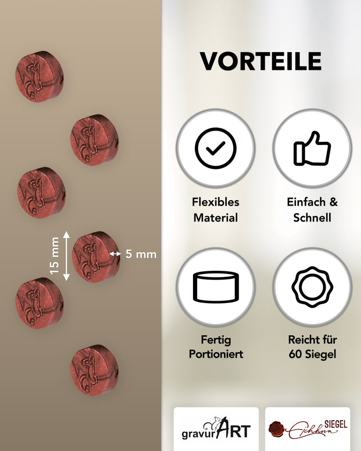 gravurART Siegelwachs Tabs - flexibel - zum Schmelzen im Schmelzlöffel - Rot-Metallic - Siegelstempel personalisiert