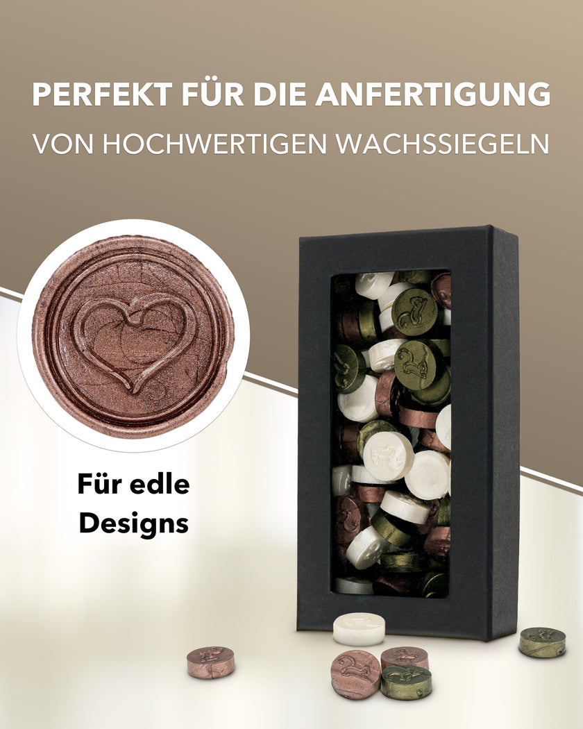 gravurART Siegelwachs Tabs - flexibel - zum Schmelzen im Schmelzlöffel - Mix 1  Farbmix aus Olivgrün, Roségold und Weiß-Perl. - Siegelstempel personalisiert