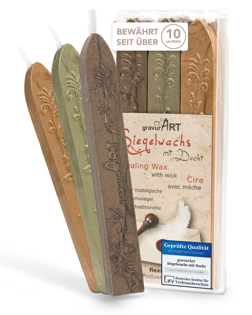 Premium Siegelwachs mit Docht, 3er Pack Mix Gold - Oliv - Schoko - Siegelstempel personalisiert