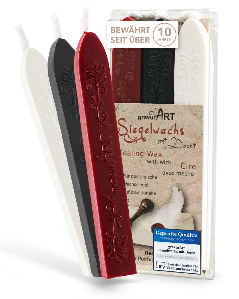 Premium Siegelwachs mit Docht, 3er Pack Mix Weiß - Schwarz - Bordeaux - Siegelstempel personalisiert