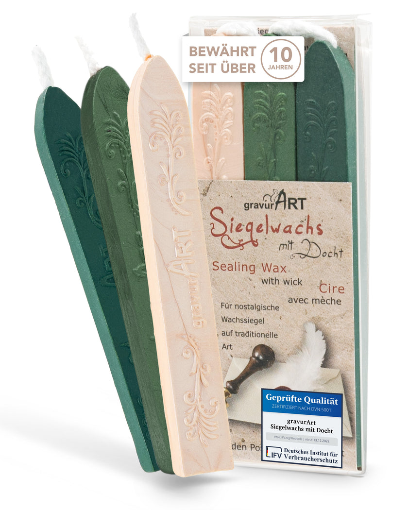 Premium Siegelwachs mit Docht, 3er Pack Mix Forest - Grün-perl. und Elfenbein-perl. - Siegelstempel personalisiert