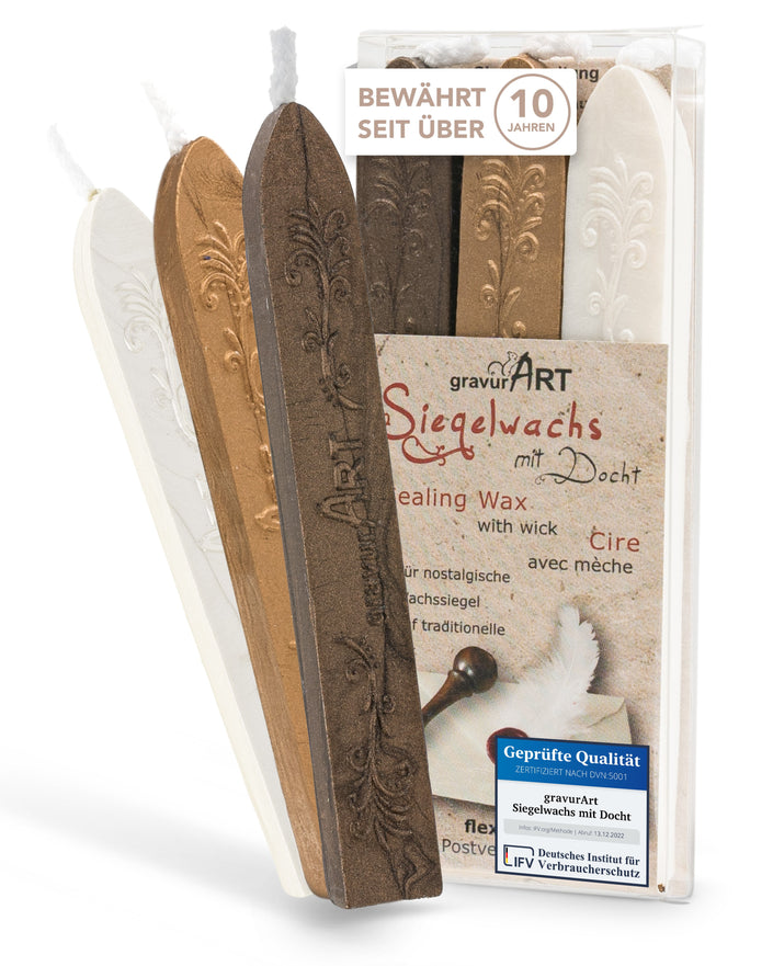 Premium Siegelwachs mit Docht, 3er Pack Mix Gold - Weiß - Schoko-perl. - Siegelstempel personalisiert