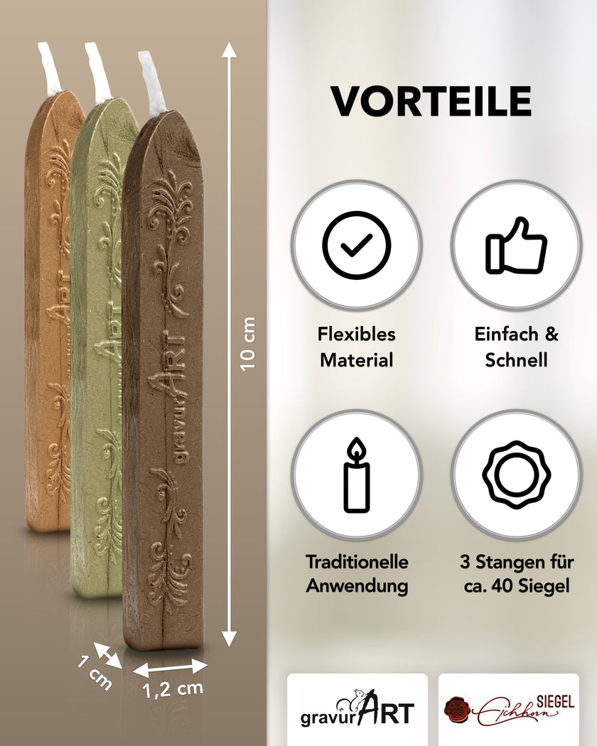 Premium Siegelwachs mit Docht, 3er Pack Mix Gold - Oliv - Schoko - Siegelstempel personalisiert