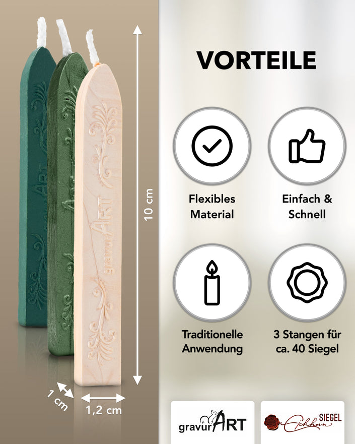 Premium Siegelwachs mit Docht, 3er Pack Mix Forest - Grün-perl. und Elfenbein-perl. - Siegelstempel personalisiert