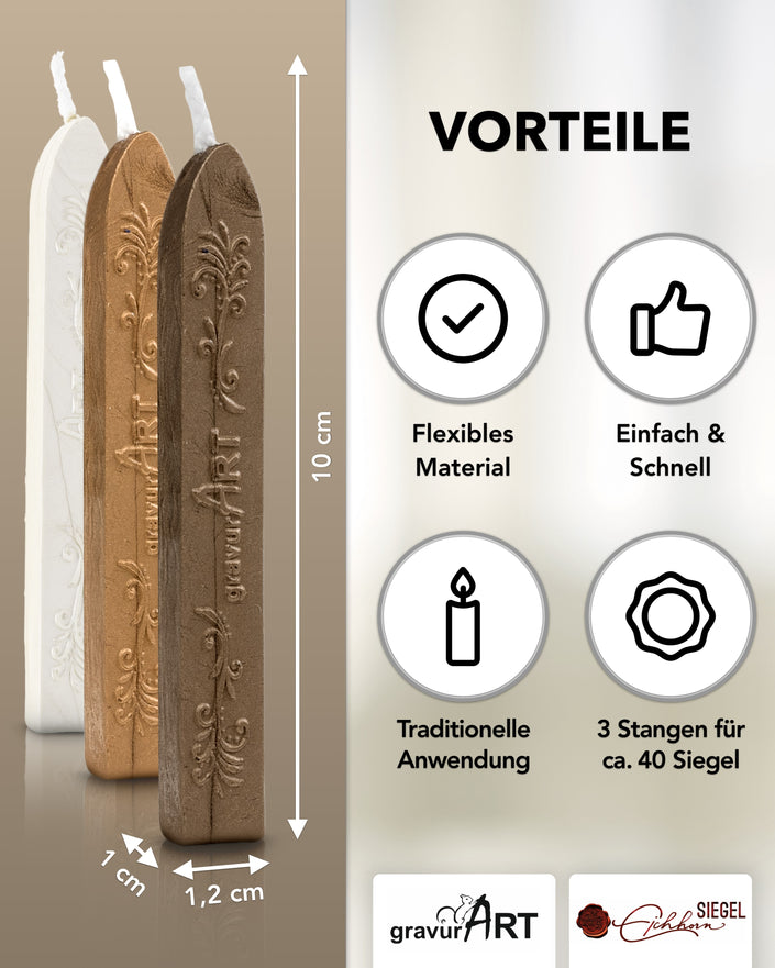 Premium Siegelwachs mit Docht, 3er Pack Mix Gold - Weiß - Schoko-perl. - Siegelstempel personalisiert
