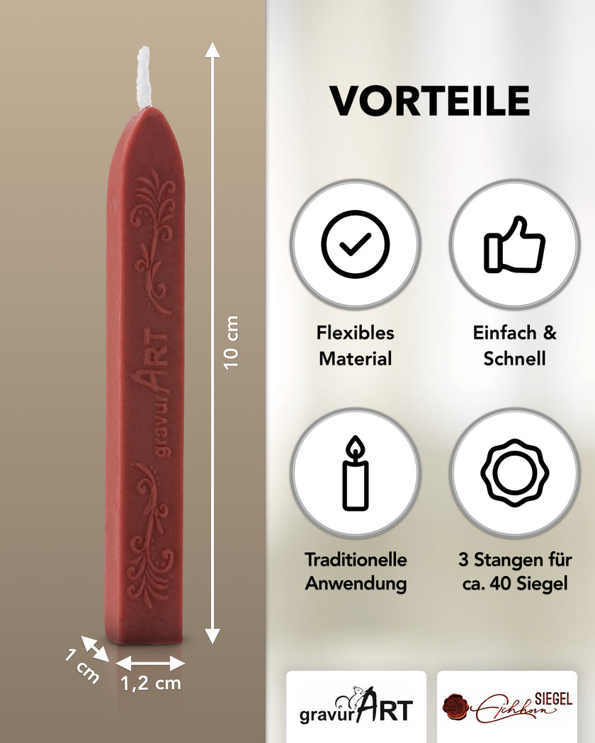 Premium Siegelwachs mit Docht, 3er Pack in Bordeaux-Rot - Siegelstempel personalisiert