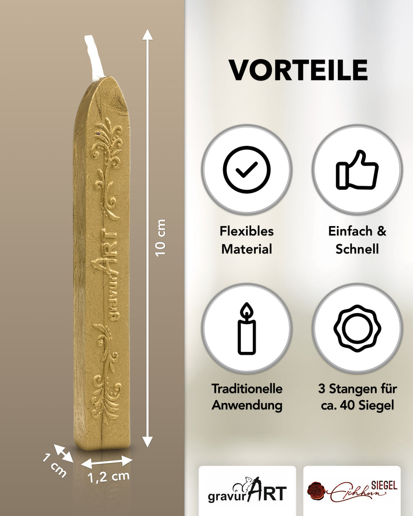 Premium Siegelwachs mit Docht, 3er Pack in Brass - Siegelstempel personalisiert