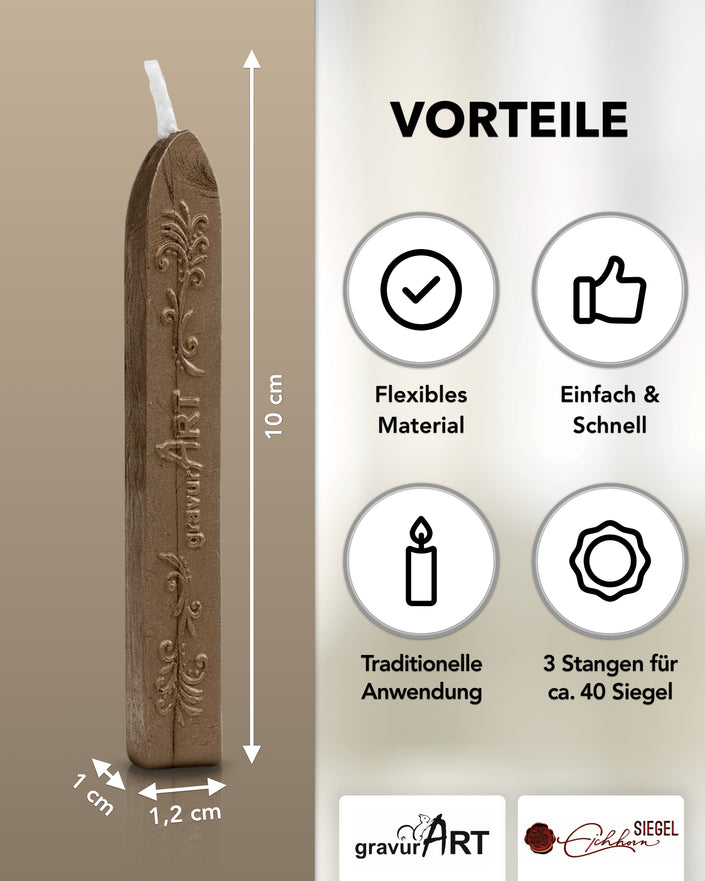 Premium Siegelwachs mit Docht, 3er Pack in Bronze - Siegelstempel personalisiert