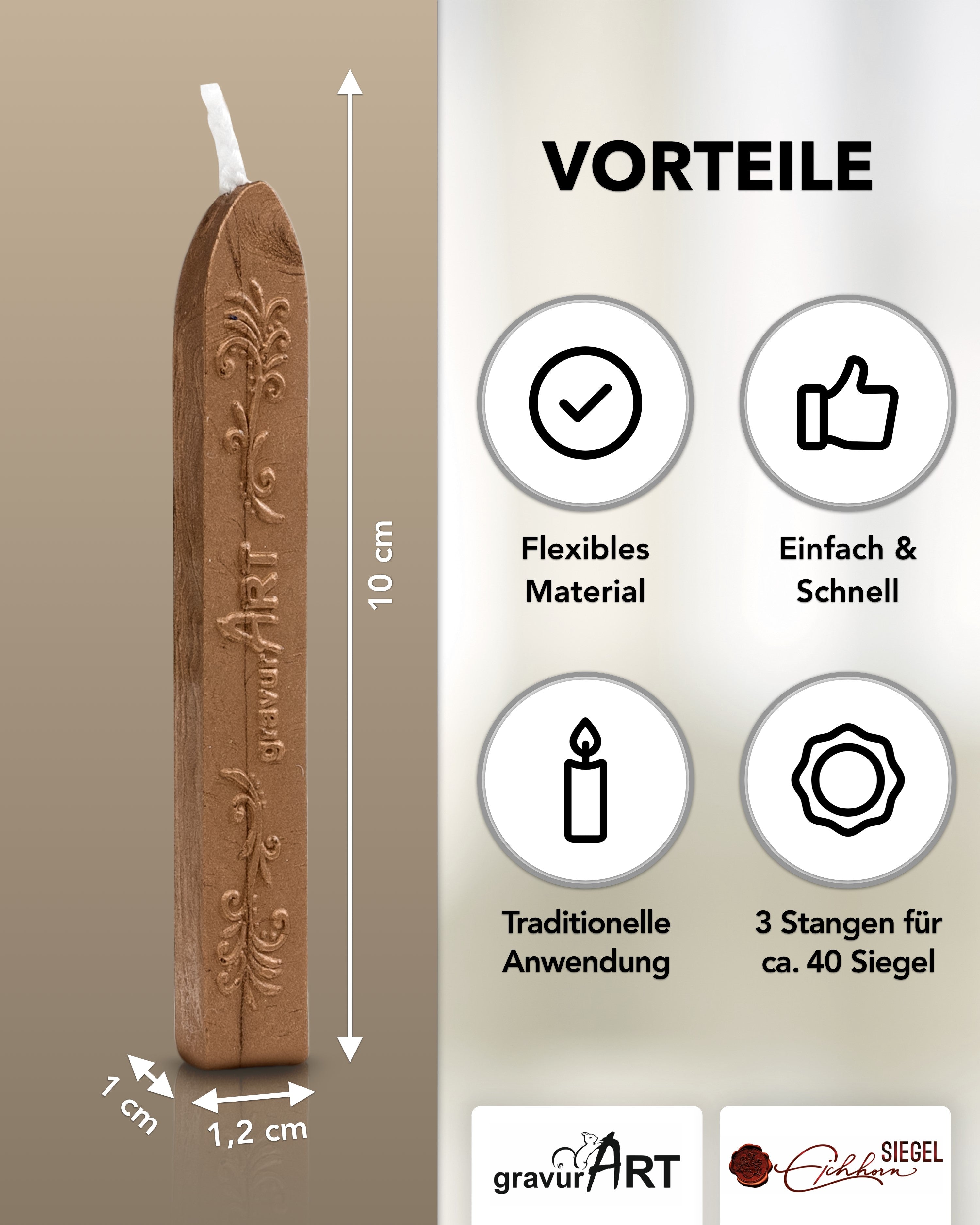 Premium Siegelwachs mit Docht, 3er Pack in Kupfer - Siegelstempel personalisiert