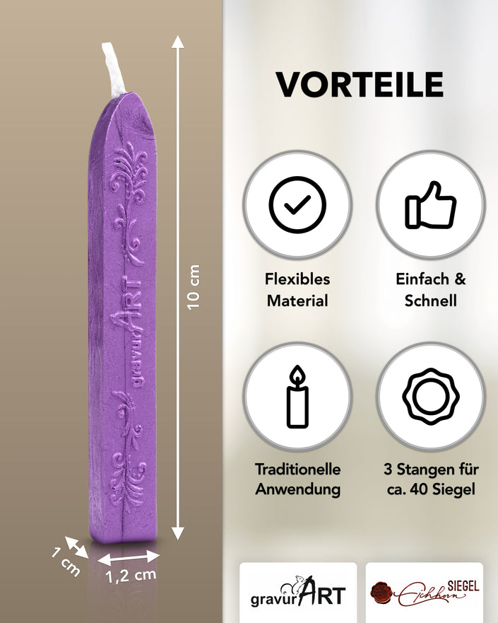 Premium Siegelwachs mit Docht, 3er Pack in Lila-perl. - Siegelstempel personalisiert