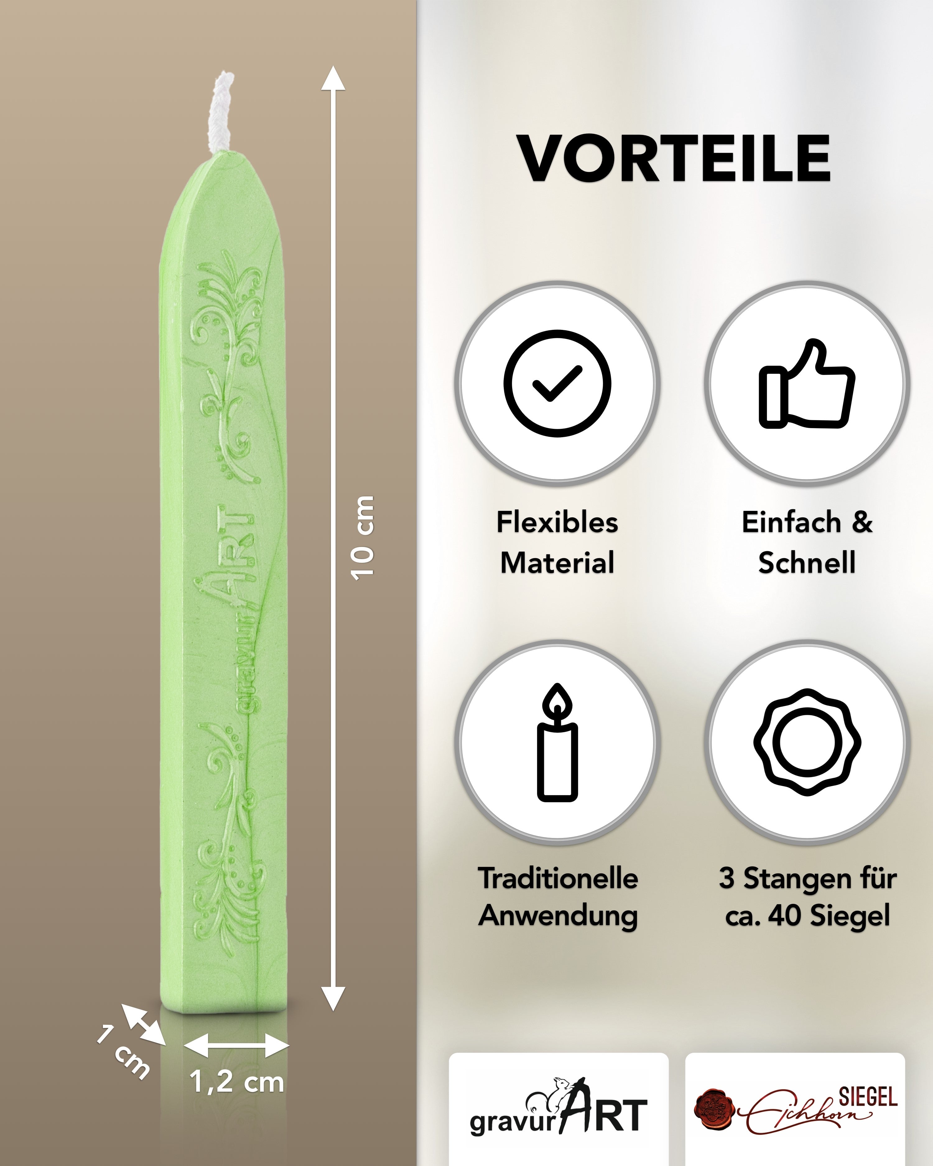 Premium Siegelwachs mit Docht, 3er Pack in Lindrün-perl. - Siegelstempel personalisiert
