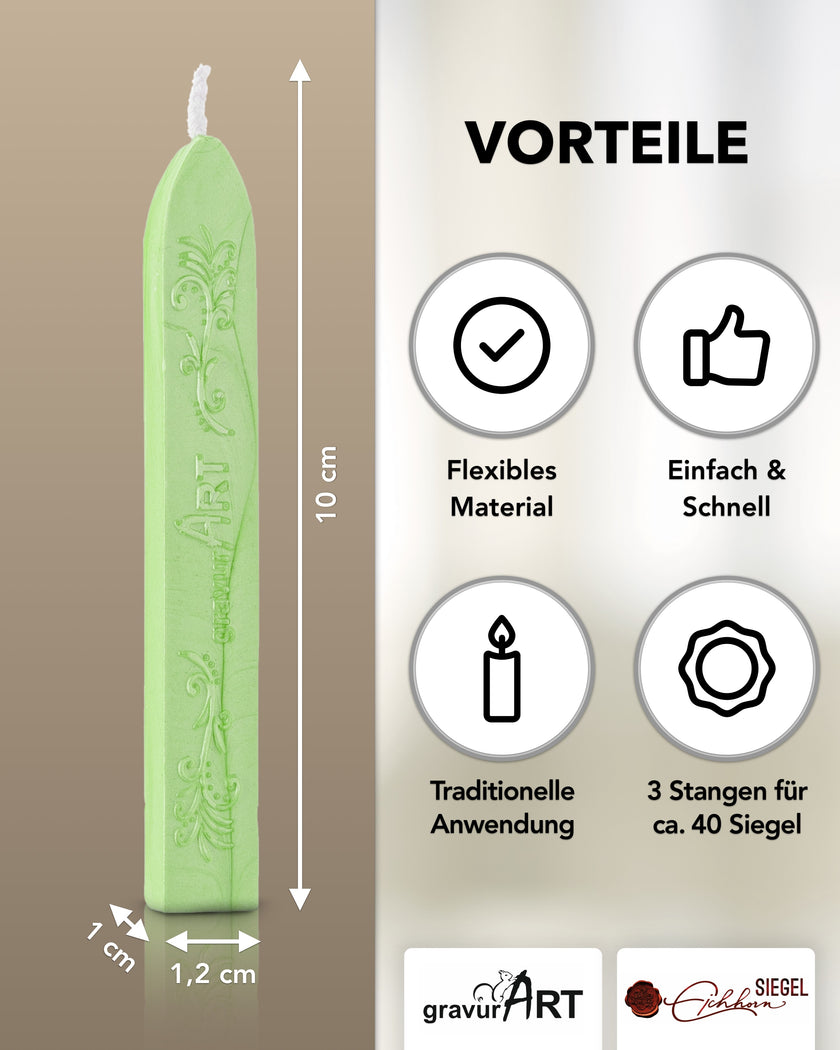 Premium Siegelwachs mit Docht, 3er Pack in Lindrün-perl. - Siegelstempel personalisiert