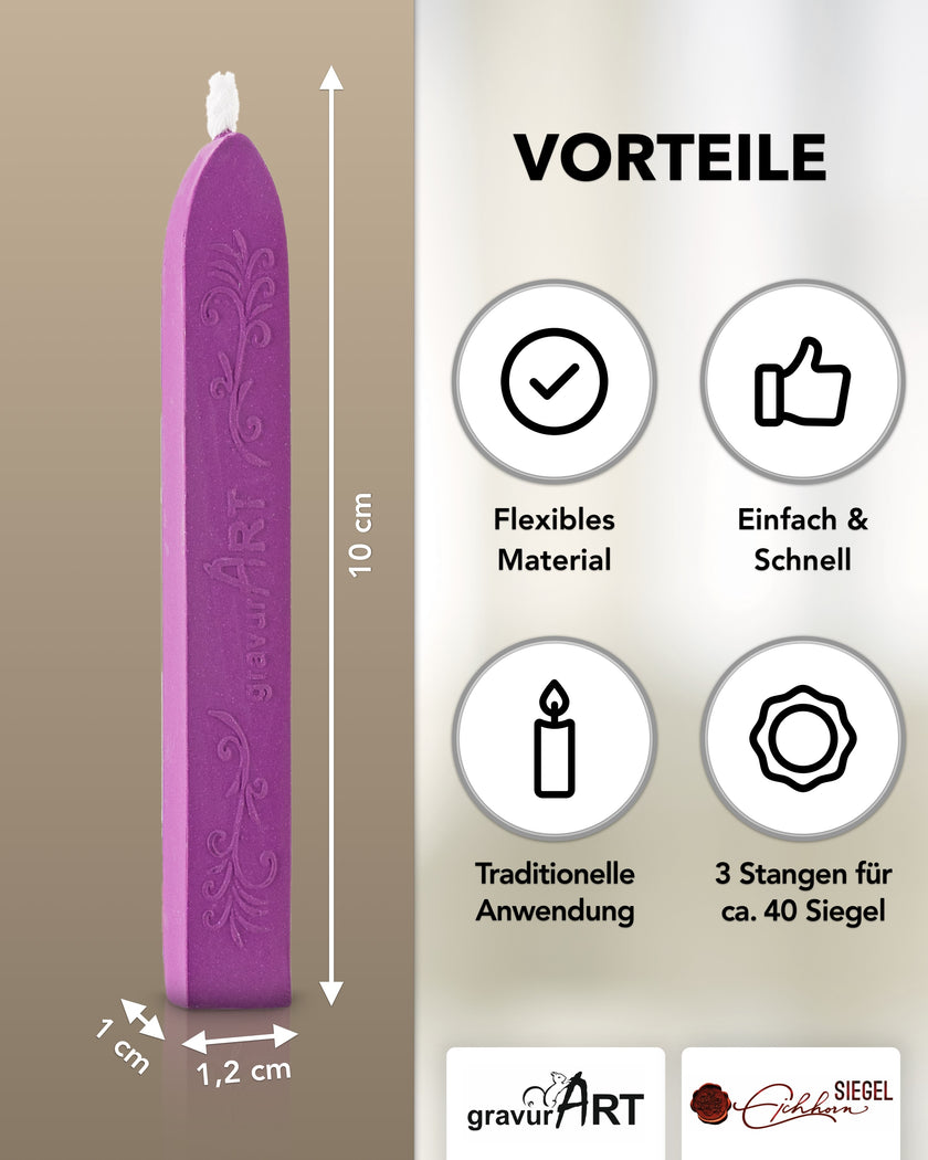 Premium Siegelwachs mit Docht, 3er Pack in Magenta - Siegelstempel personalisiert