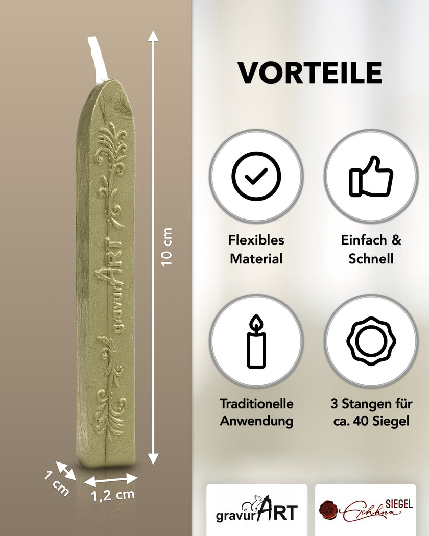 Premium Siegelwachs mit Docht, 3er Pack in Oliv-perl. - Siegelstempel personalisiert