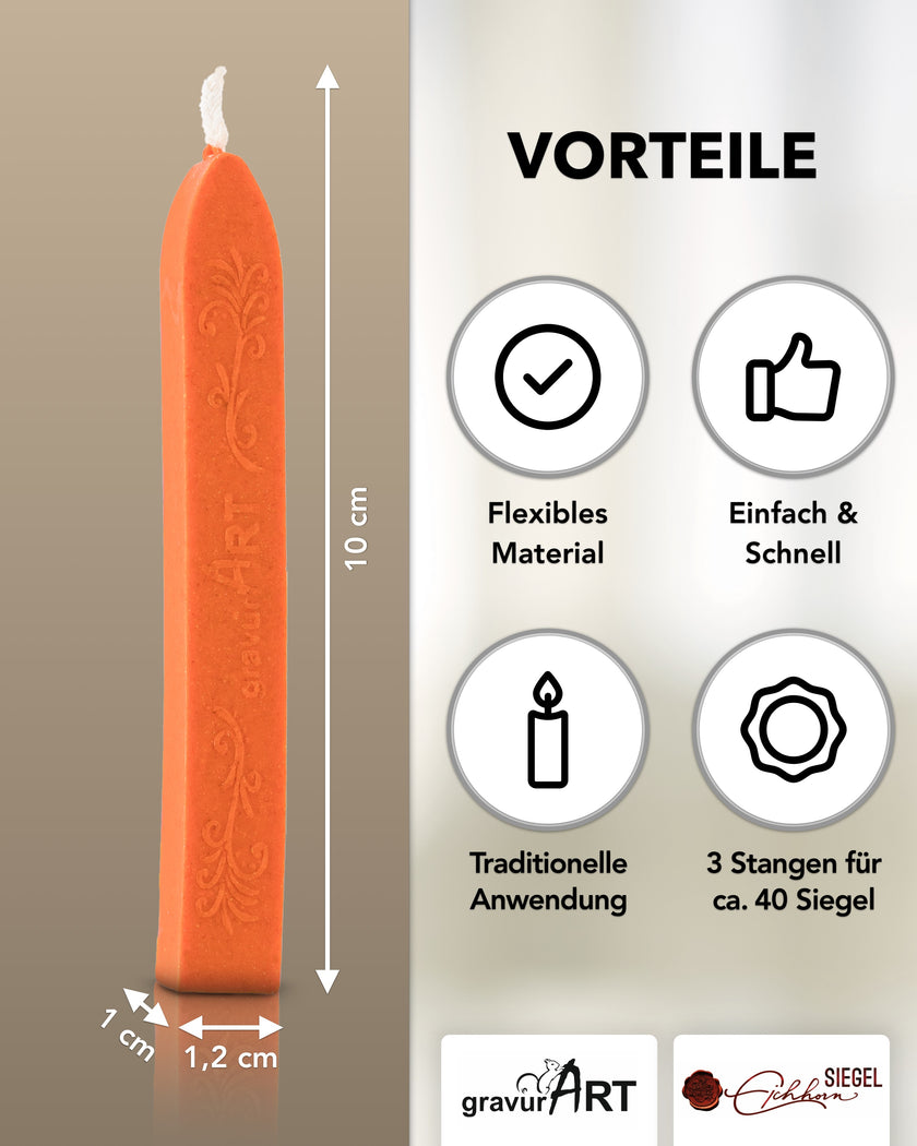 Premium Siegelwachs mit Docht, 3er Pack in Orange - Siegelstempel personalisiert