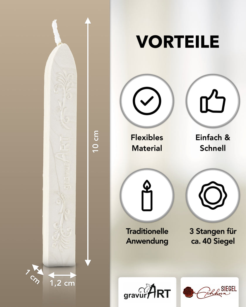 Premium Siegelwachs mit Docht, 3er Pack in Weiß-Perl. - Siegelstempel personalisiert