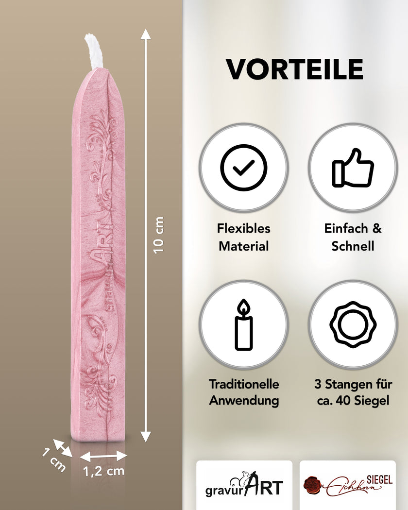 Premium Siegelwachs mit Docht, 3er Pack in Rosé-Perl. - Siegelstempel personalisiert