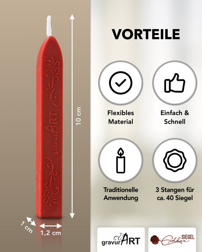 Premium Siegelwachs mit Docht, 3er Pack in Rot - Siegelstempel personalisiert