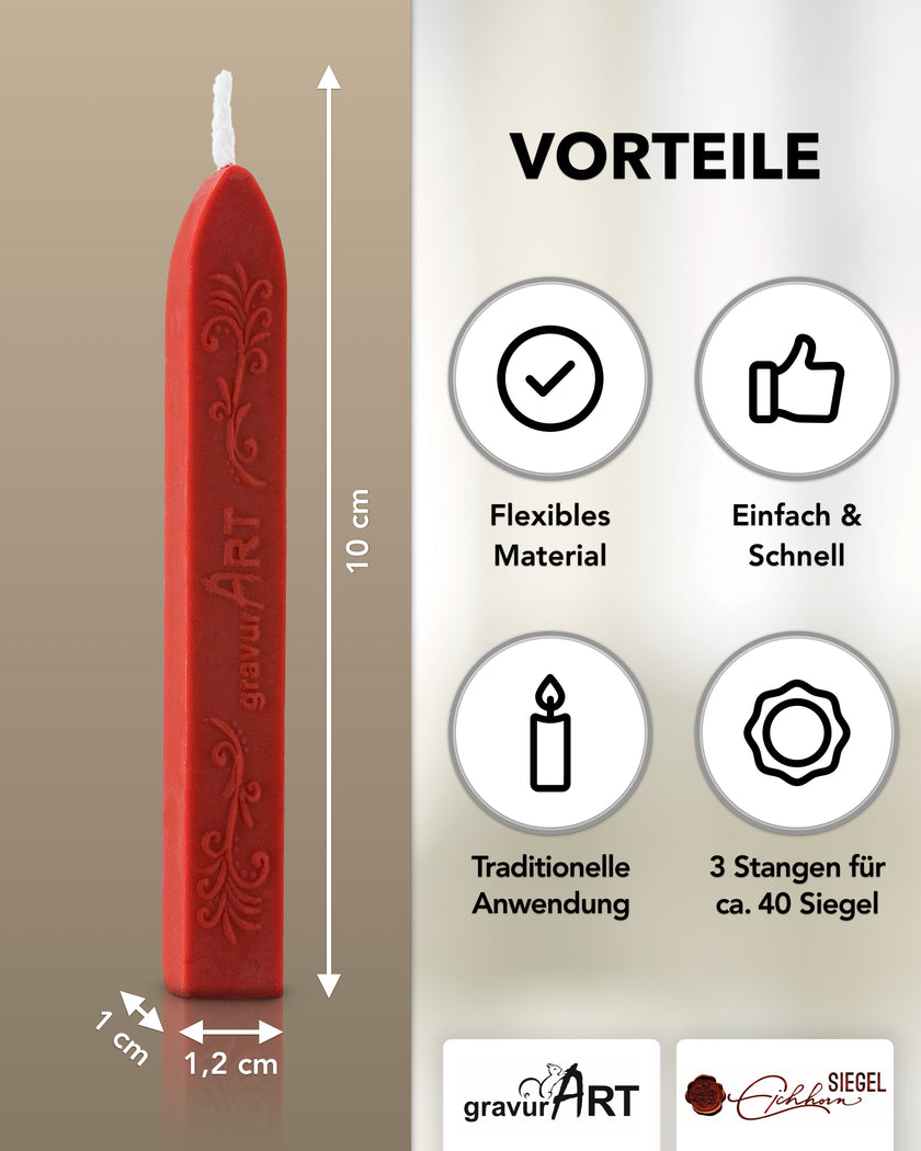 Premium Siegelwachs mit Docht, 3er Pack in Rot - Siegelstempel personalisiert