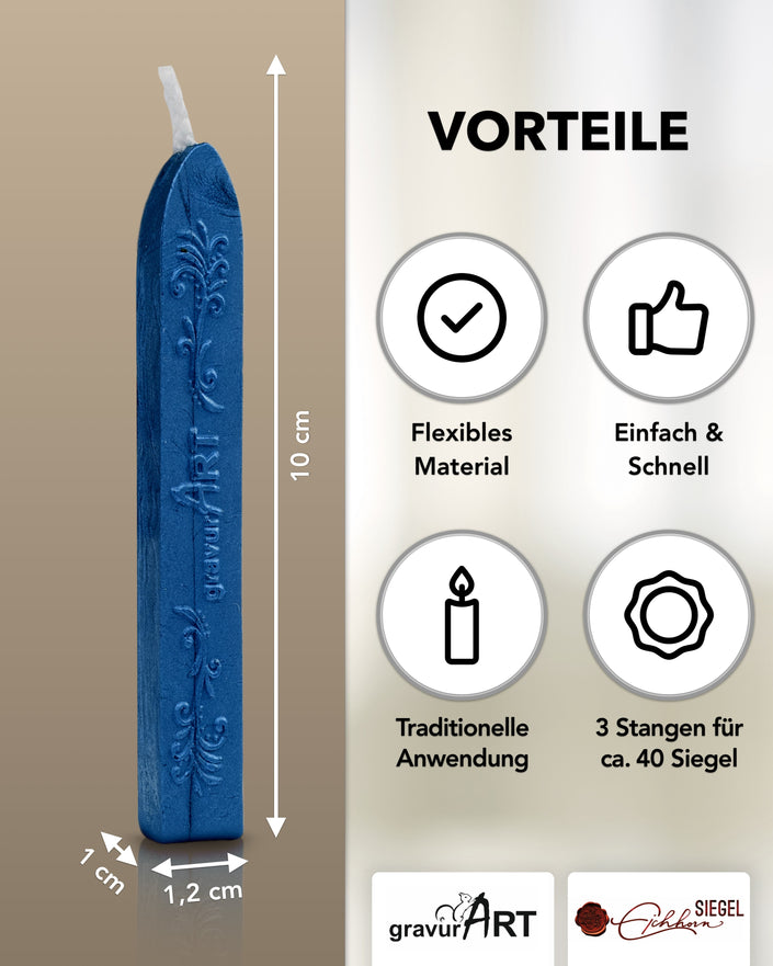Premium Siegelwachs mit Docht, 3er Pack in Saphir - Siegelstempel personalisiert