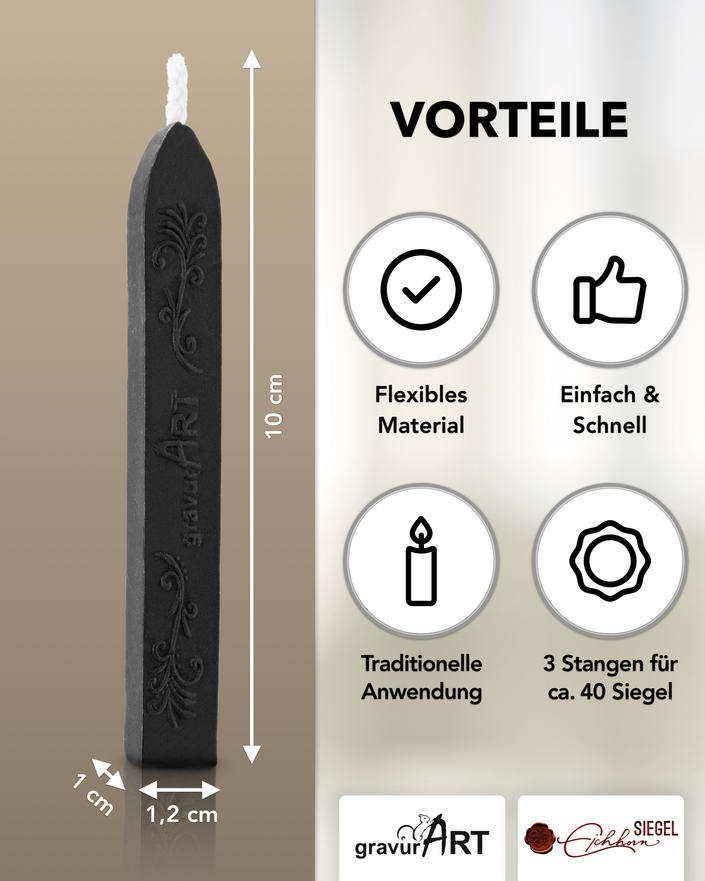 Premium Siegelwachs mit Docht, 3er Pack in Schwarz - Siegelstempel personalisiert