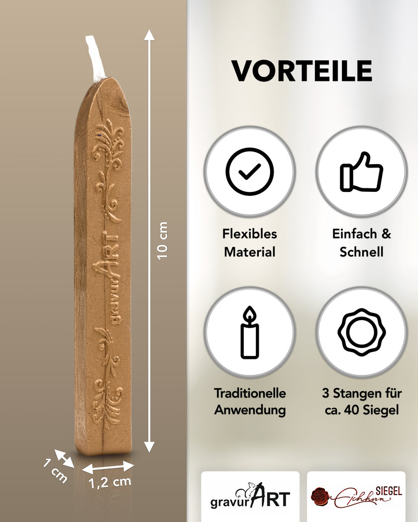 Premium Siegelwachs mit Docht, 3er Pack in Gold - Siegelstempel personalisiert