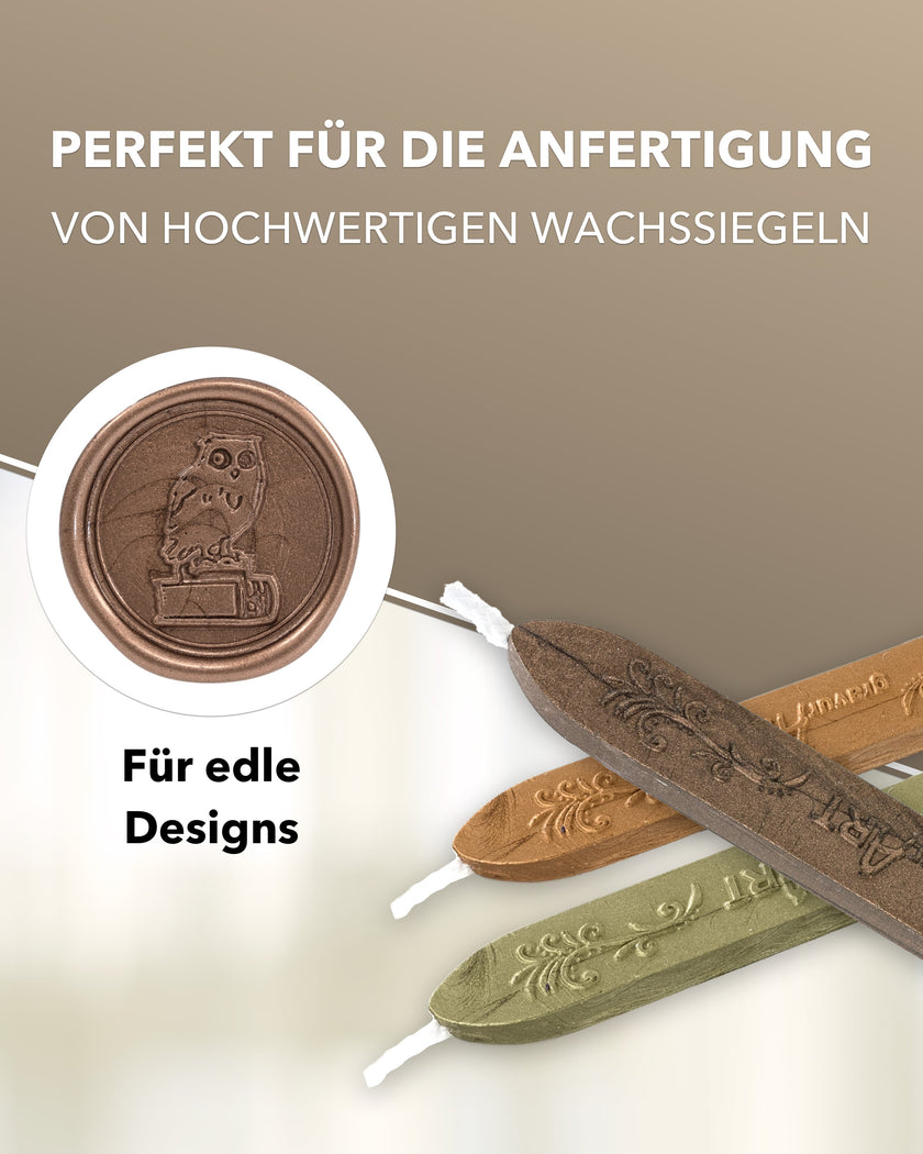 Premium Siegelwachs mit Docht, 3er Pack Mix Gold - Oliv - Schoko - Siegelstempel personalisiert
