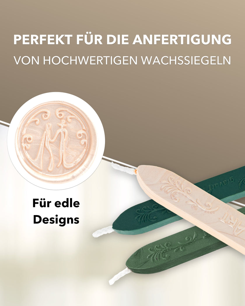 Premium Siegelwachs mit Docht, 3er Pack Mix Forest - Grün-perl. und Elfenbein-perl. - Siegelstempel personalisiert