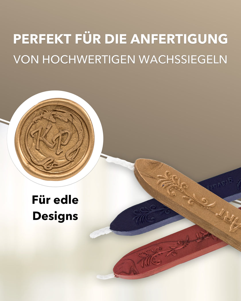 Premium Siegelwachs mit Docht, 3er Pack Mix Gold - Rot-Metallic - Navyblue - Siegelstempel personalisiert