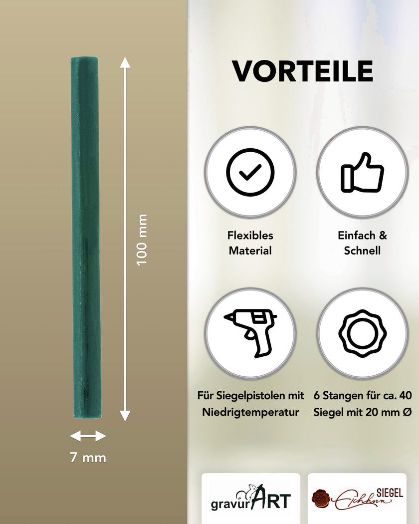 Siegelwachs für Wachspistole in Forrest, 7mm Durchmesser, 6er Pack - Siegelstempel personalisiert