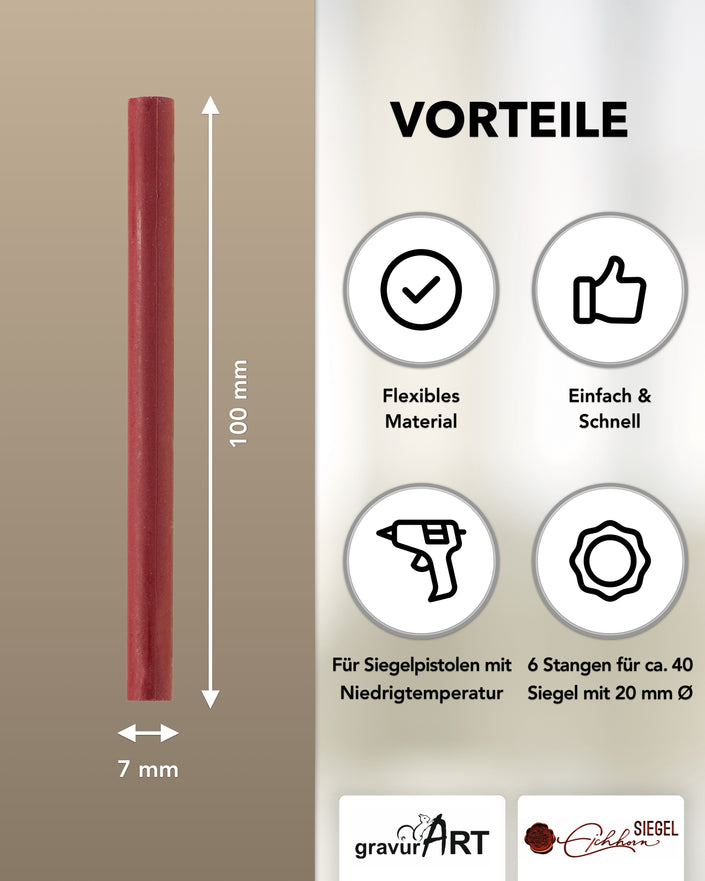 Siegelwachs für Wachspistole in Bordeaux, 7mm Durchmesser, 6er Pack - Siegelstempel personalisiert